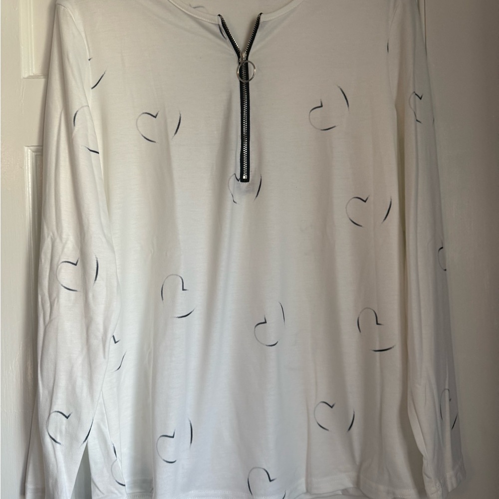 White Long Sleeve Zip Front Tee with Navy Heart Accents
